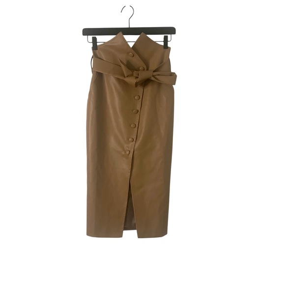 NWT Bardot Tan Faux Leather Button Midi Pencil Skirt with Tie Front